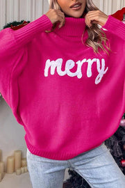 Happy Holidays Contrast Monogram Turtleneck Dolman Sleeve Sweater