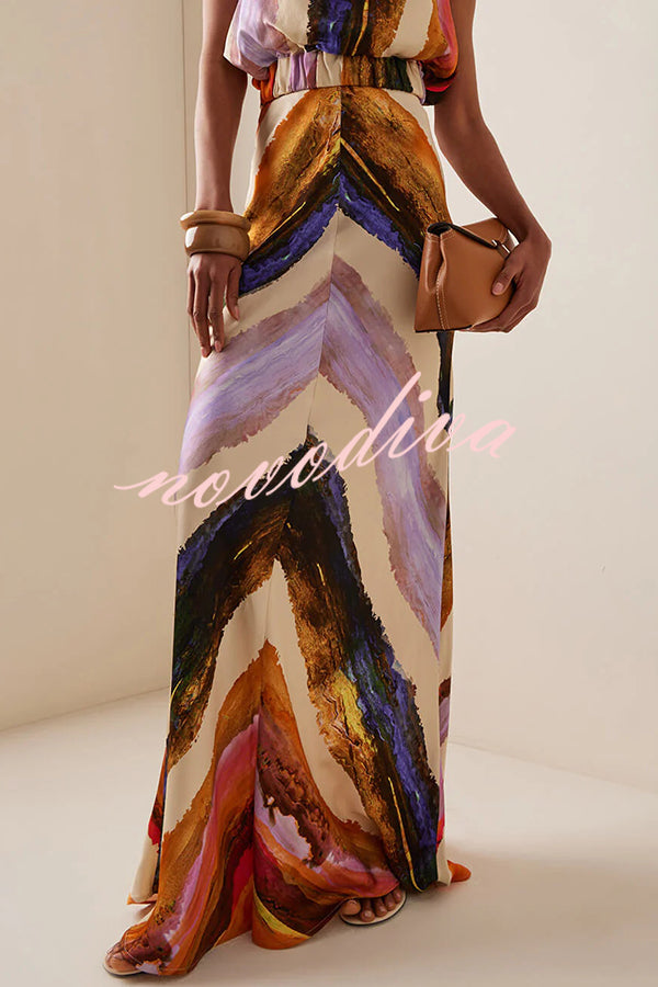 Unique Print Sleeveless Stretch Stand Collar Top and Elegant Maxi Skirt Set
