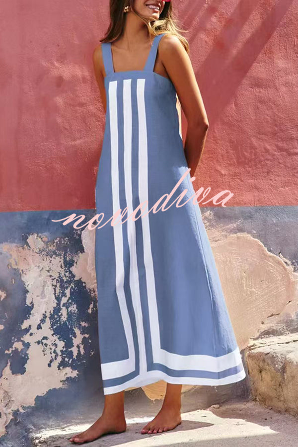 Striped Print Resort Style Casual Sling Maxi Dress