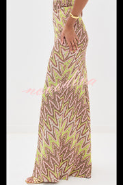 Moonlit Waltz Knit Jacquard Zigzag Print High Rise Stretch Flare Maxi Skirt