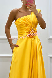 Nasha Satin Pleated One Shoulder Petal Gemstone Detail Pocket Slit Maxi Dress