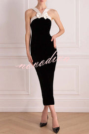 Sociable Elegance Velvet Contrast Bow Shoulder Strap Slit Stretch Midi Dress