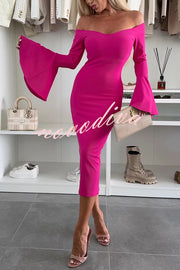 Solid Color Sexy Off-shoulder Trumpet Sleeve Slim Midi Dress