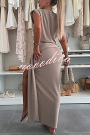 Comfortable Stylish Round Neck Sleeveless Casual Top and Elastic Waist Ruched Tie Slit Midi Skirt Set