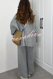 Solid Color Loose Long-sleeved Knit Top and Elastic Waist Casual Straight Leg Pants Set