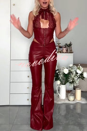 Style Challenge Stretch Faux Leather Lace Halter Tank and Zipper Waist Flare Pants Set