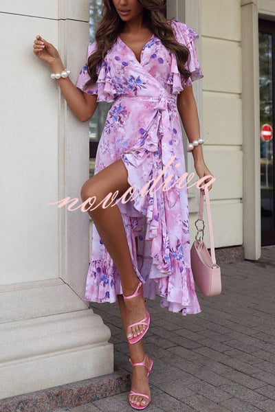 Unique Printed V-neck Ruffled Loose Midi Dress