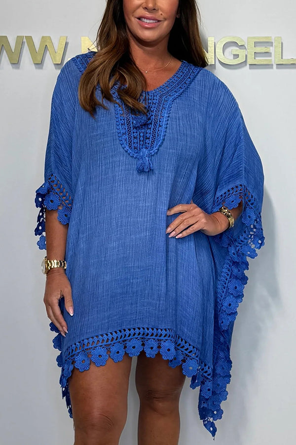 Solid Color Casual Lace Loose Cover Up Mini Dress