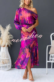 Winona Satin Floral Print One Shoulder Balloon Sleeve Tie-up Maxi Dress