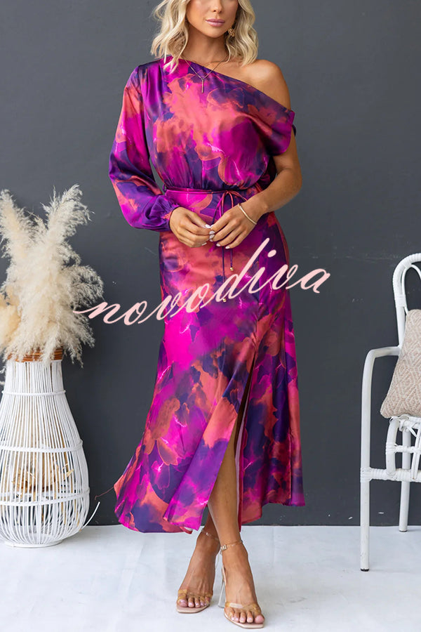 Winona Satin Floral Print One Shoulder Balloon Sleeve Tie-up Maxi Dress