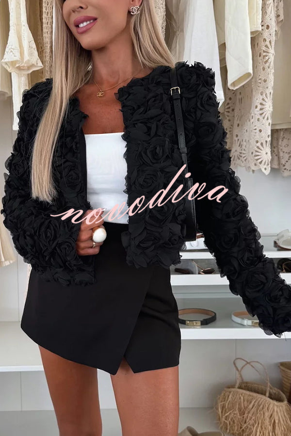 Fashionable Three-dimensional Flower Casual Long-sleeved Cropped Jacket