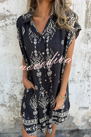 Linen Blend Unique Print Lapel Casual Pocket Mini Dress