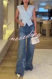 Fashion Star Rhinestone High Rise Casual Pocket Straight Loose Jeans