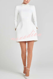Lovers Kiss Pearl Trim High Neck Long Sleeve Pocketed Tulip Mini Dress