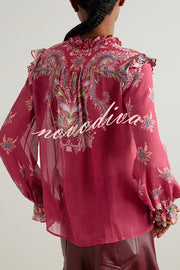 Unique Printed Chiffon Long-sleeved Loose Shirt and Elegant Ruffled Maxi Skirt Set