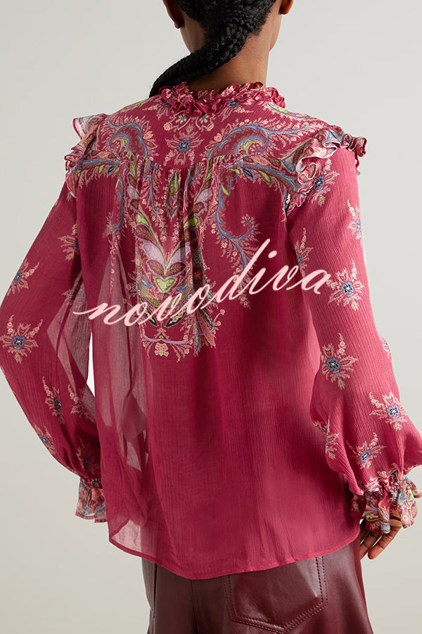Unique Printed Chiffon Long-sleeved Loose Shirt and Elegant Ruffled Maxi Skirt Set