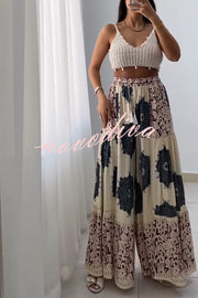 Unique Print Elastic High Waist Tie Pocket Holiday Style Wide Leg Pants