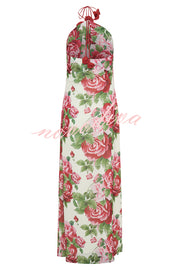 Elegance and Romance Chiffon Printed Rose Applique Cowl Neck Maxi Dress