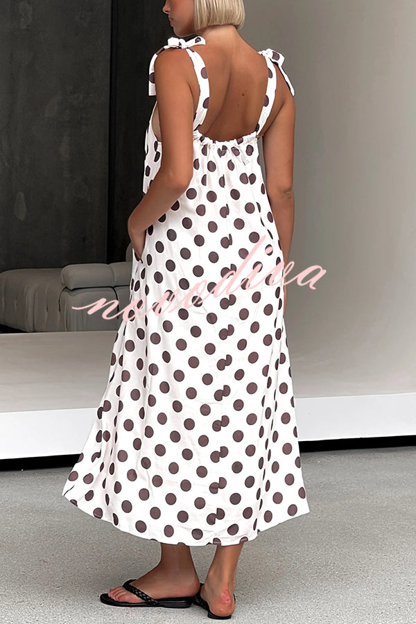 Polka Dot Print Suspenders Strappy Backless Loose Pocket Midi Dress