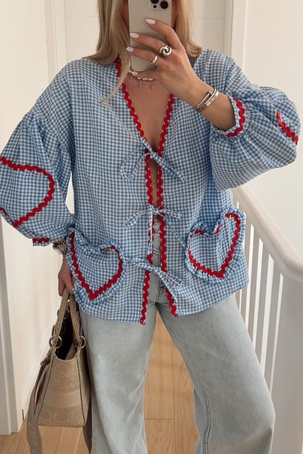 Lovely Plaid Heart Pattern Casual Lace-up Pocket Loose Shirt