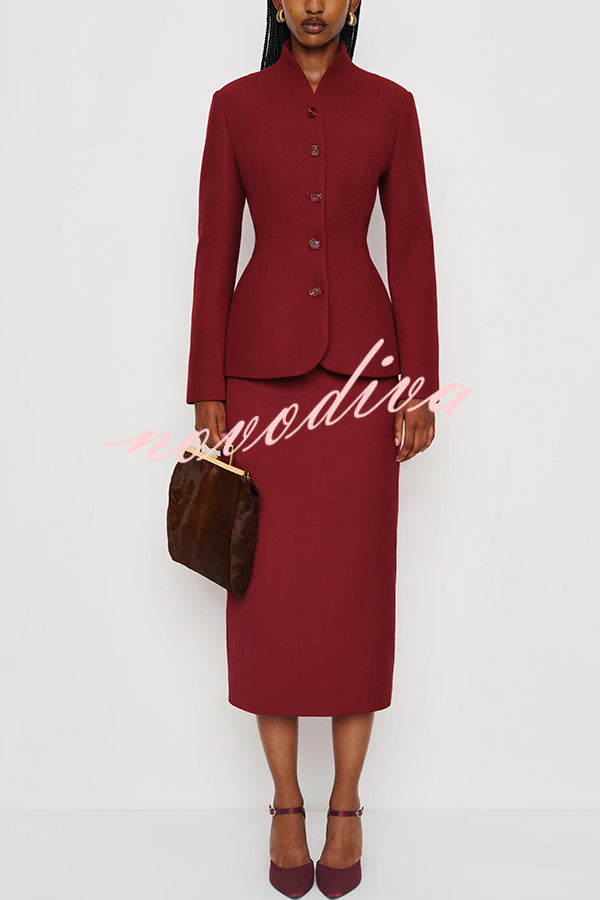 Retro Dramatic Stand Neck Button Up Long Sleeve Curved Waist Jacket