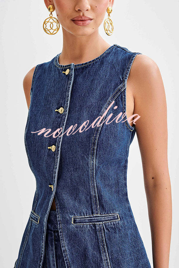 Abel Denim Button Up Princess Seams Pocket Vest Top