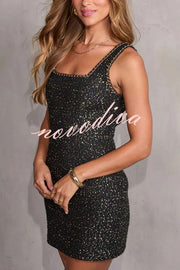 Modern Luxury Tweed Ribbon Chain Trim Square Neck Mini Dress