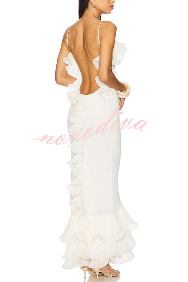 Alisin Pleated Chiffon Wavy Ruffles Trim Slip Maxi Dress
