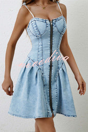 Fashionable Patchwork Suspender Zipper Slim Denim Mini Dress