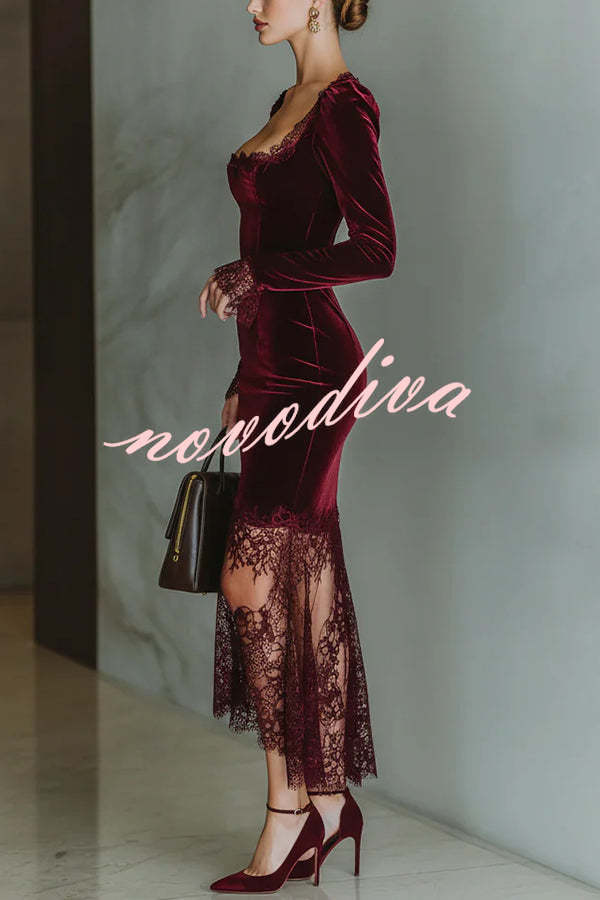 Fashionable Velvet and Lace Patchwork Square Neck Long-sleeved Maxi Dress