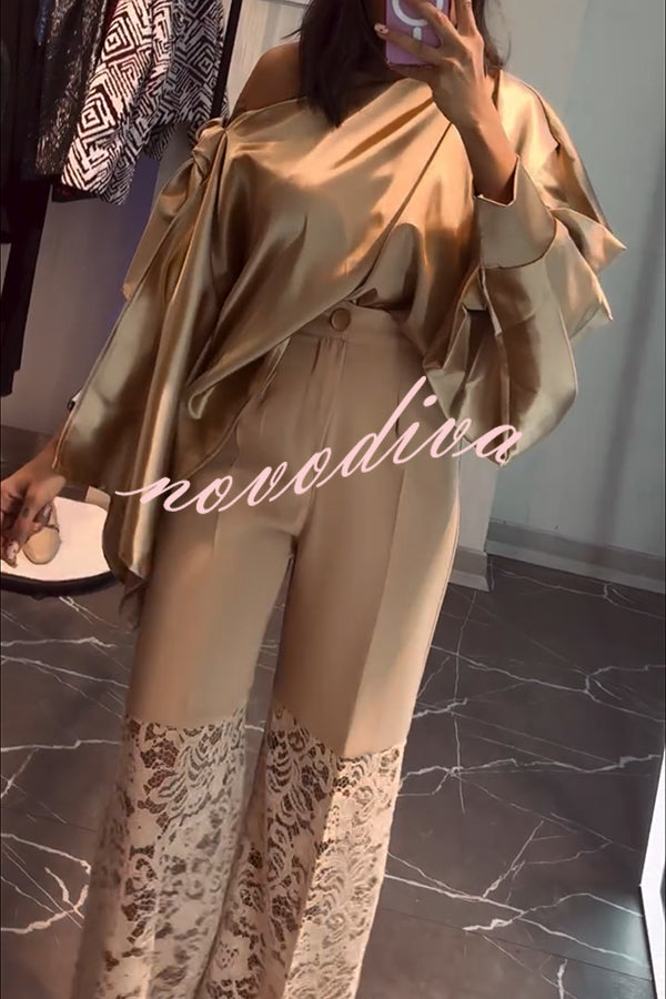 Chic Moment Satin Irregular Knot Slit Sleeve One Shoulder Loose Blouse