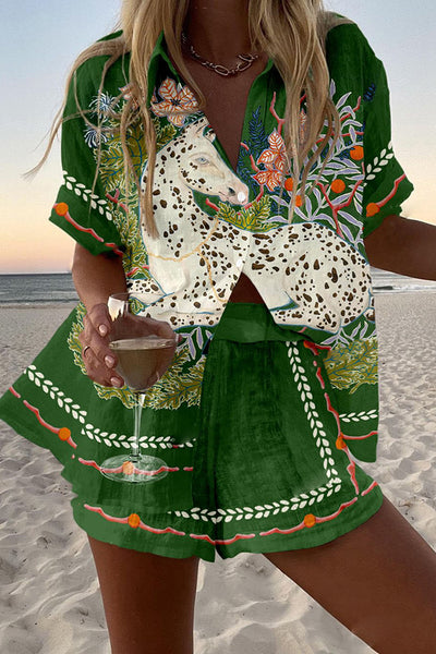 Spotted Horse Print Loose Button Elastic Waist Shorts Set