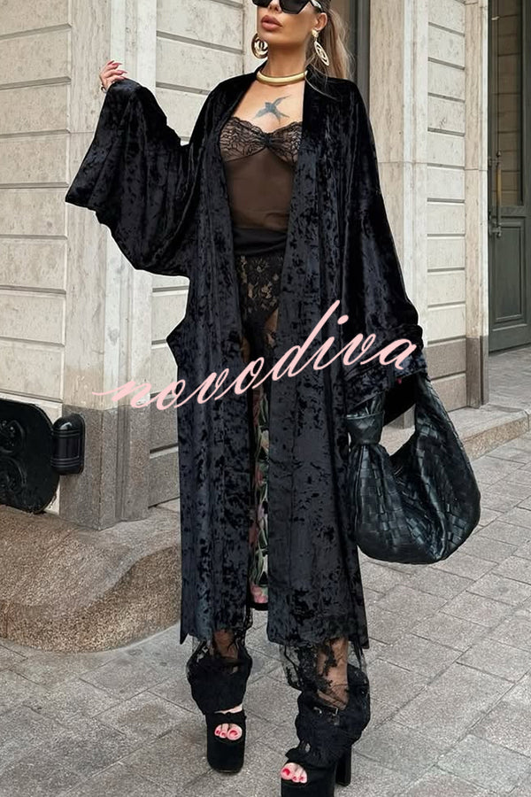 Gorgeous Glossy Velvet Long Bell Sleeve Tie-up Pocket Midi Kimono Coat