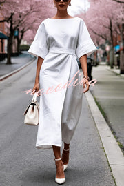Solid Color Round Neck Half Sleeve Casual Waist Midi Dress