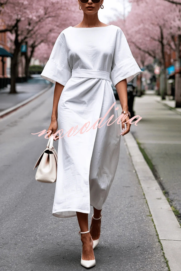 Solid Color Round Neck Half Sleeve Casual Waist Midi Dress