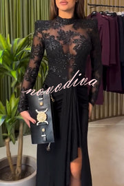 Fenna Sheer Floral Sequin Shoulder Pads Long Sleeve Drape Slit Maxi Dress