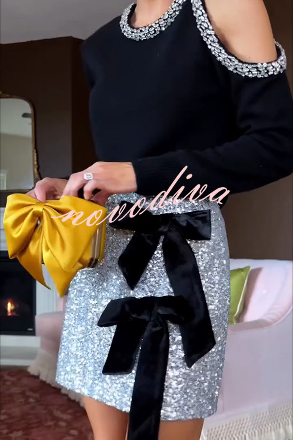 Holiday Party Sequin Velvet Bow Detail High Rise Stretch Mini Skirt