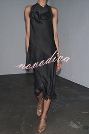 Dolly Satin Lace Trim Halter Cowl Neck Asymmetric Hem Tank