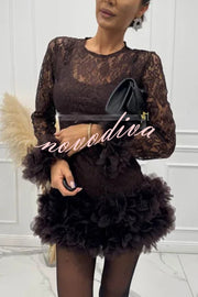 Alyssa Lace Fabric Tulle Layered Petals Trim Long Sleeve Mini Dress