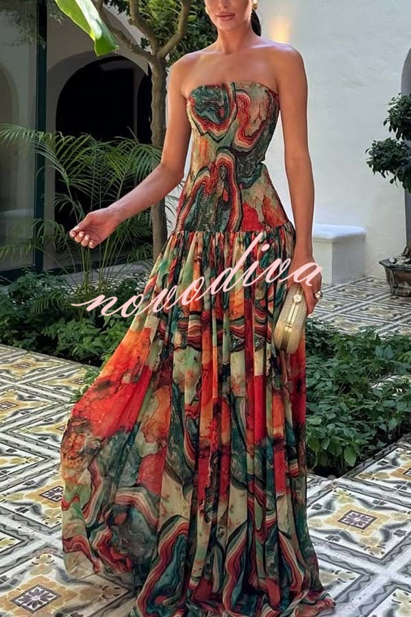 Vacay Vibes Colorful Lava Print Off Shoulder Smocked Scarf Maxi Dress