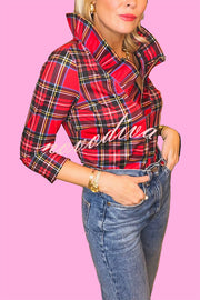 Duke of York Holiday Plaid Ruffle Stand Neck Half Sleeve Blouse