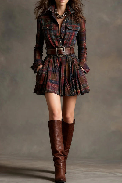 Plaid Print Lapel Long Sleeve Fitted Waist Pocket Casual Mini Dress