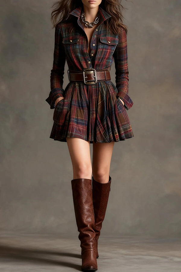 Plaid Print Lapel Long Sleeve Fitted Waist Pocket Casual Mini Dress