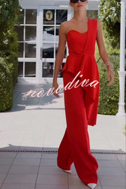 Amena One Shoulder Sweetheart Neck Ruffle Hem Top and Elastic Waist Pocket Wide Leg Pants Set