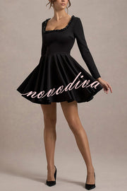 Playful Elegance Pearl Embellished Trim Long Sleeve Pleated Mini Dress