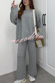Solid Color Loose Long-sleeved Knit Top and Elastic Waist Casual Straight Leg Pants Set
