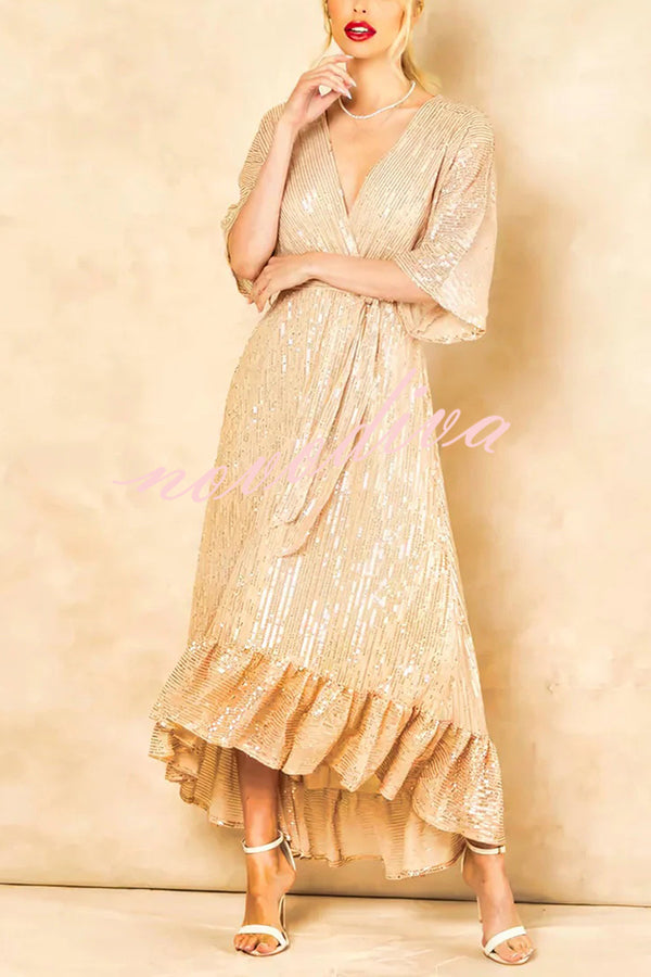 Solid Color Sequined V-neck Waist Tie Loose Maxi Dress