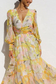 Olena Abstract Floral Balloon Sleeves Maxi Dress