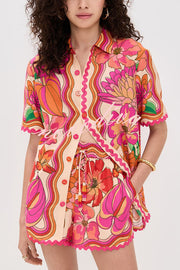 Neima Unique Print Wave Trim Button Up Short Sleeve Shirt and Elastic Waist Pocket Loose Shorts Set
