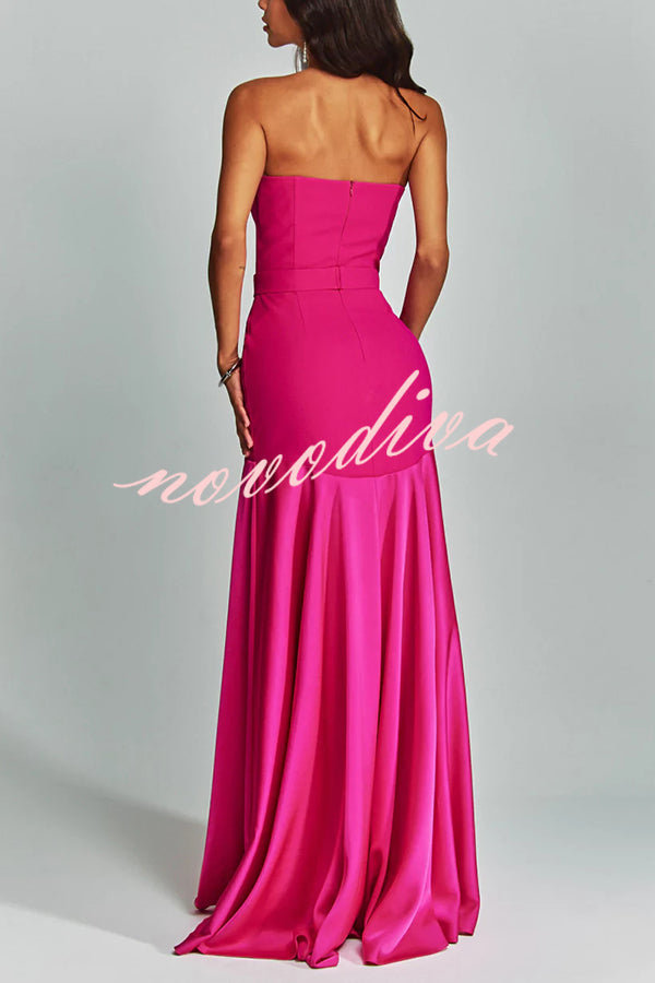 Mermaid Style Off Shoulder Sheer V-neck Satin Hem Party Maxi Dress